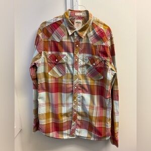 Fossil Men's Red and Gold Plaid Shirt